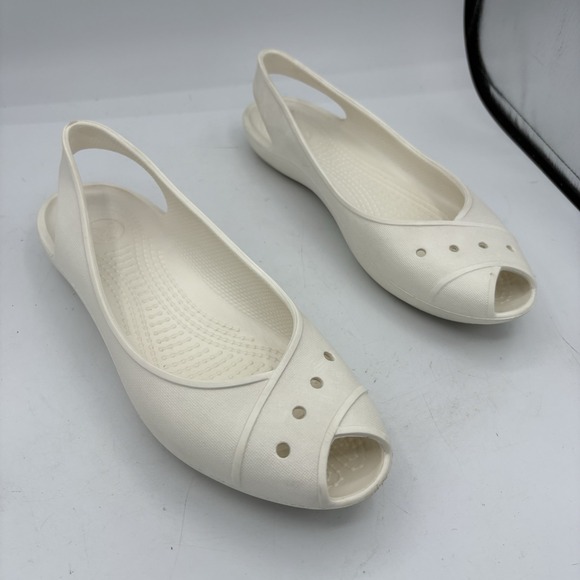 Crocs Shoes Womens Size 8 Farrah Peep Toe Slingback Flats White Slip On Peep Toe - Picture 1 of 10